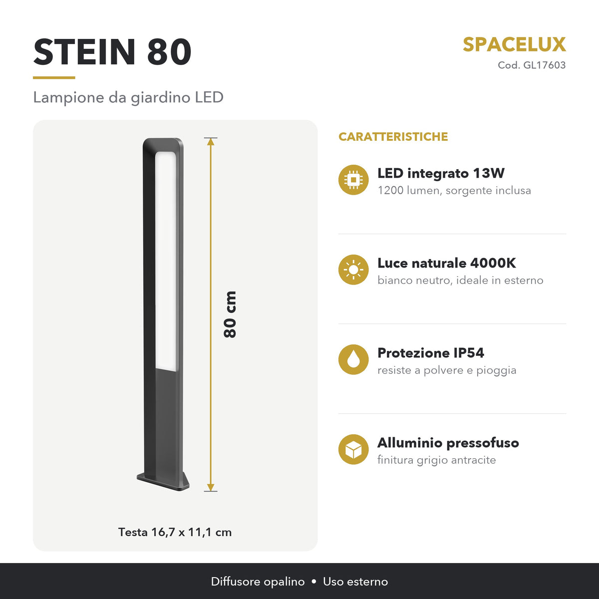 Infografica Lampione da giardino LED GL17603 Spacelux: caratteristiche e misure