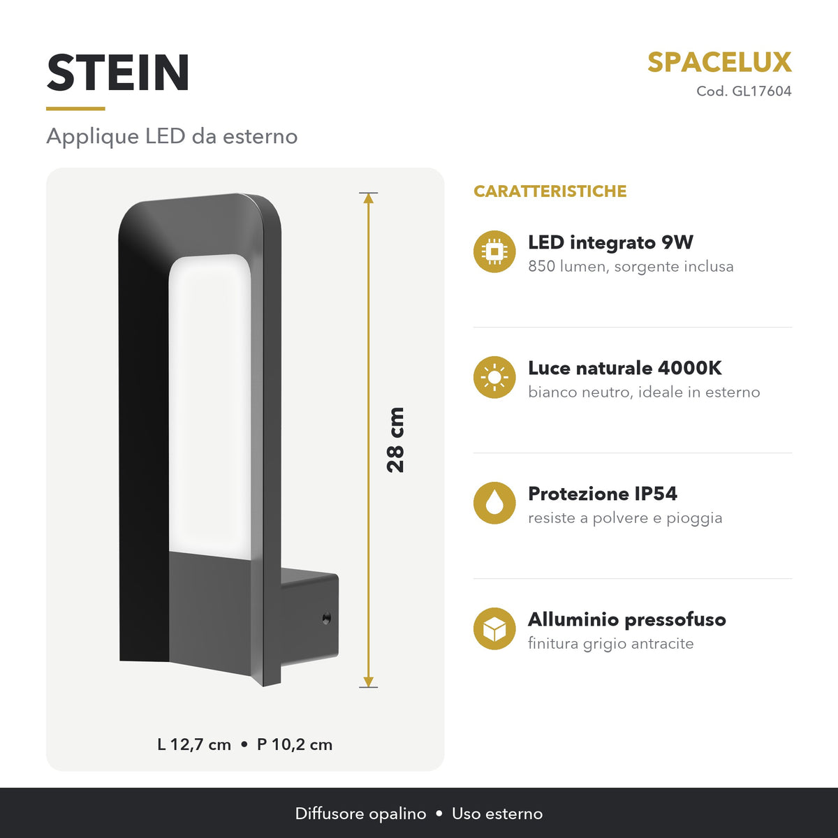 Infografica Applique LED da esterno GL17604 Spacelux: caratteristiche e misure