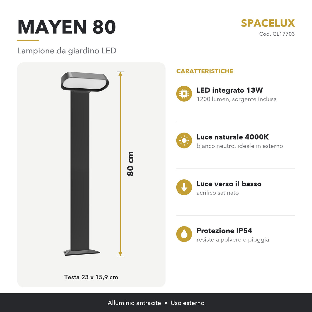 Infografica Lampione da giardino LED GL17703 Spacelux: caratteristiche e misure
