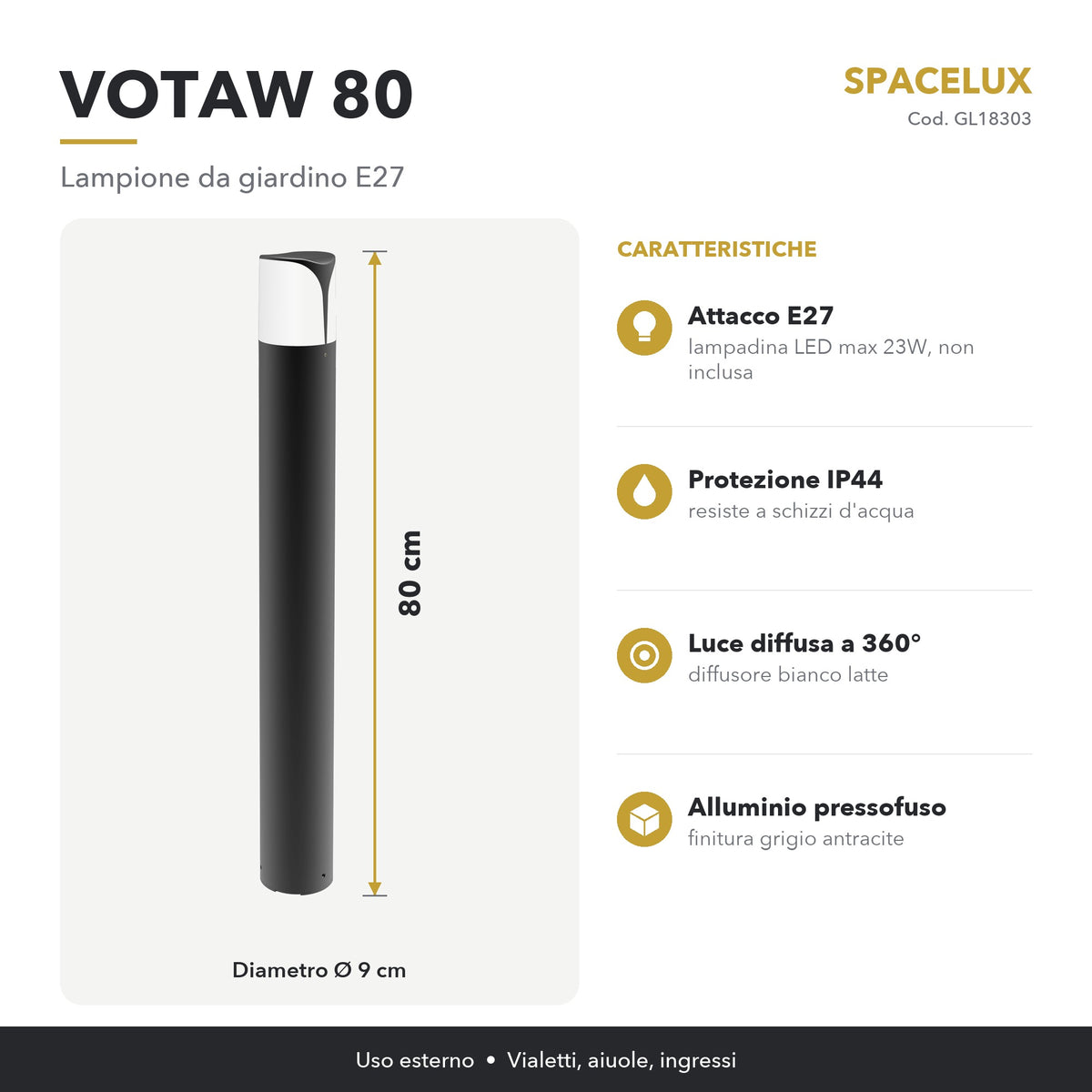 Infografica Lampione da giardino E27 GL18303 Spacelux: caratteristiche e misure