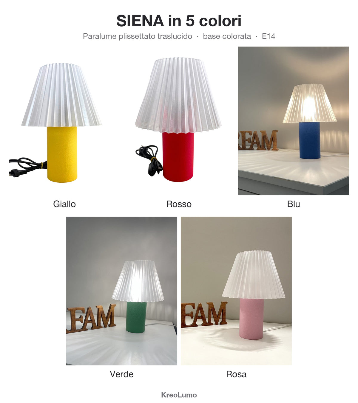 Lampada da comodino SIENA KreoLumo stampata in 3D nei 5 colori: giallo, rosso, blu, verde e rosa
