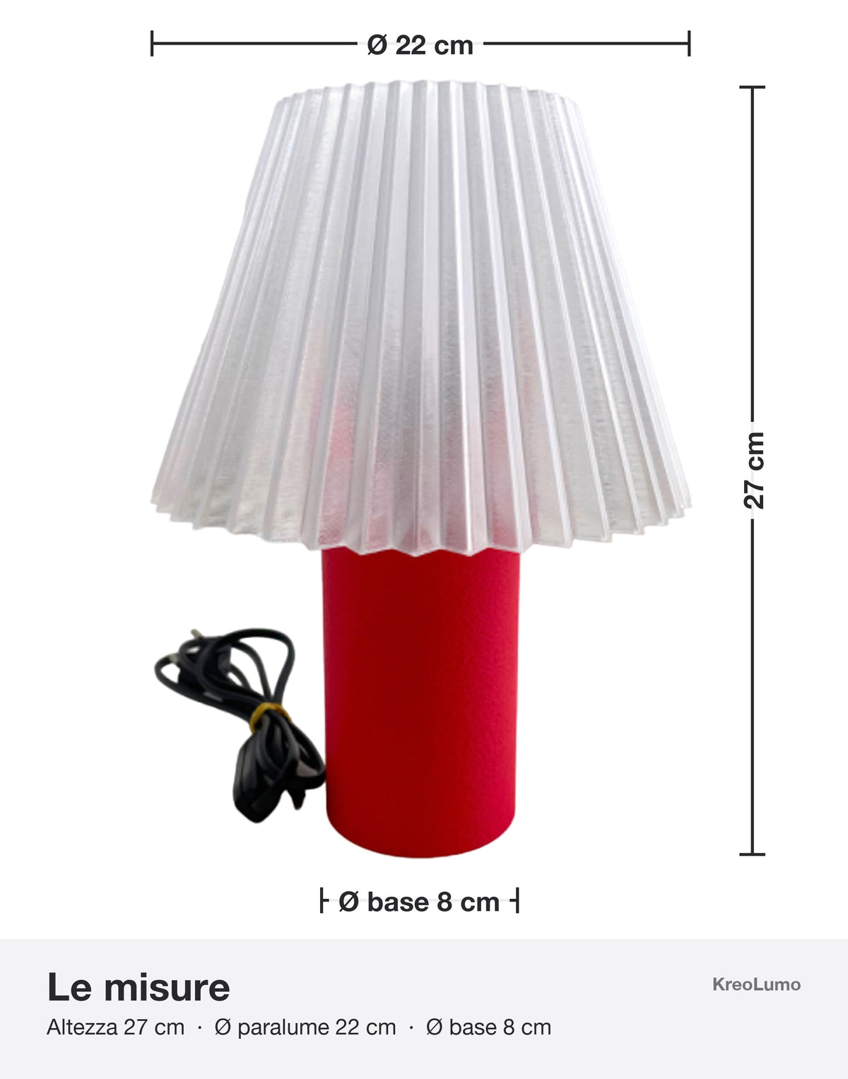 Misure lampada da comodino SIENA KreoLumo: altezza 27 cm, diametro paralume 22 cm, diametro base 8 cm