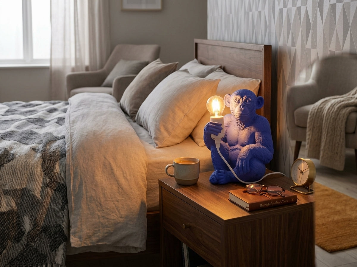 Lampada da tavolo scimmia seduta Kong-Light KreoLumo blu stampata in 3D, attacco E27