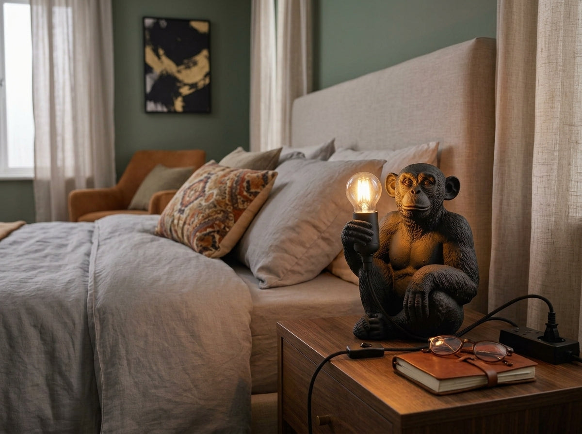 Lampada scimmia Kong-Light KreoLumo nera accesa sul comodino accanto al letto