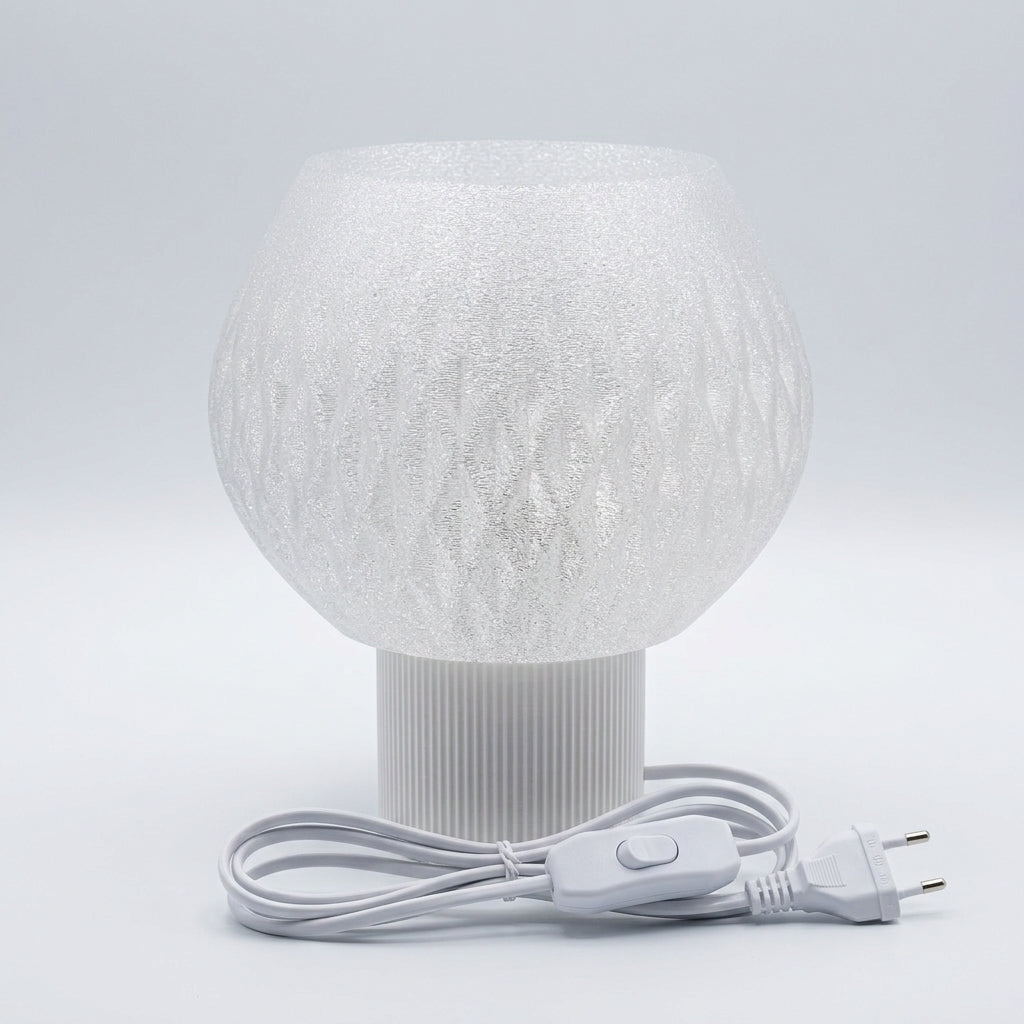 Lampada da tavolo stampata in 3D Sferonda in PETG traslucido con base a coste e cavo bianco con interruttore – KreoLumo