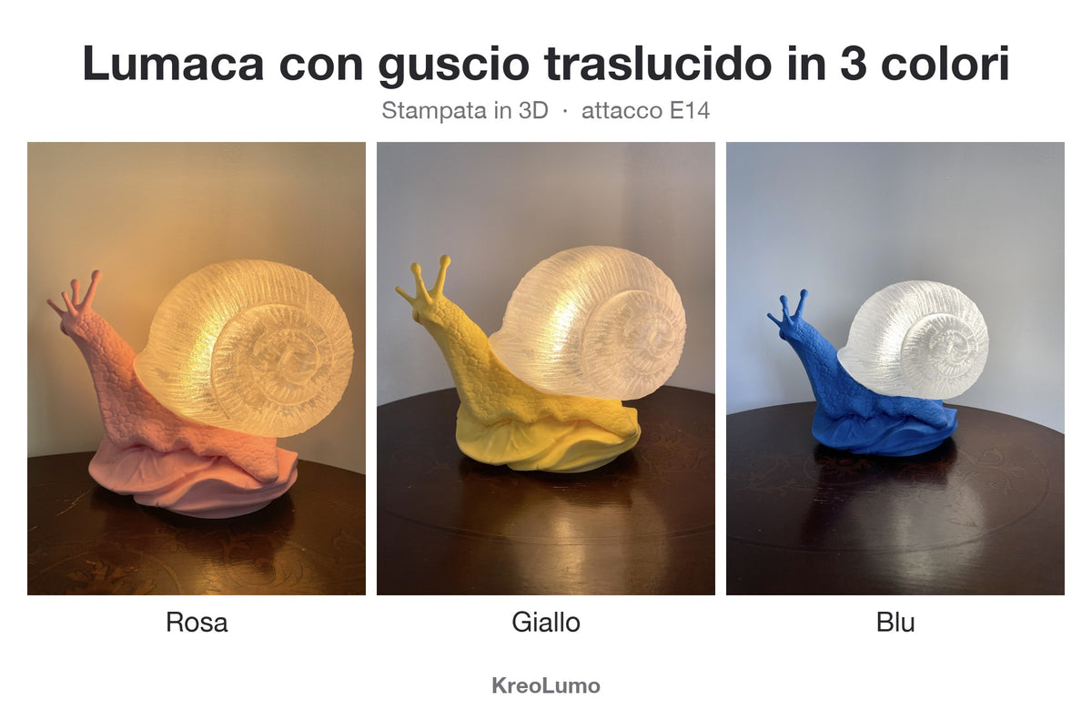 Lampada lumaca con guscio traslucido KreoLumo nei 3 colori: rosa, giallo e blu