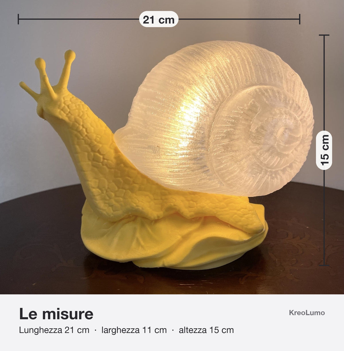 Misure lampada lumaca con guscio traslucido KreoLumo: lunghezza 21 cm, larghezza 11 cm, altezza 15 cm