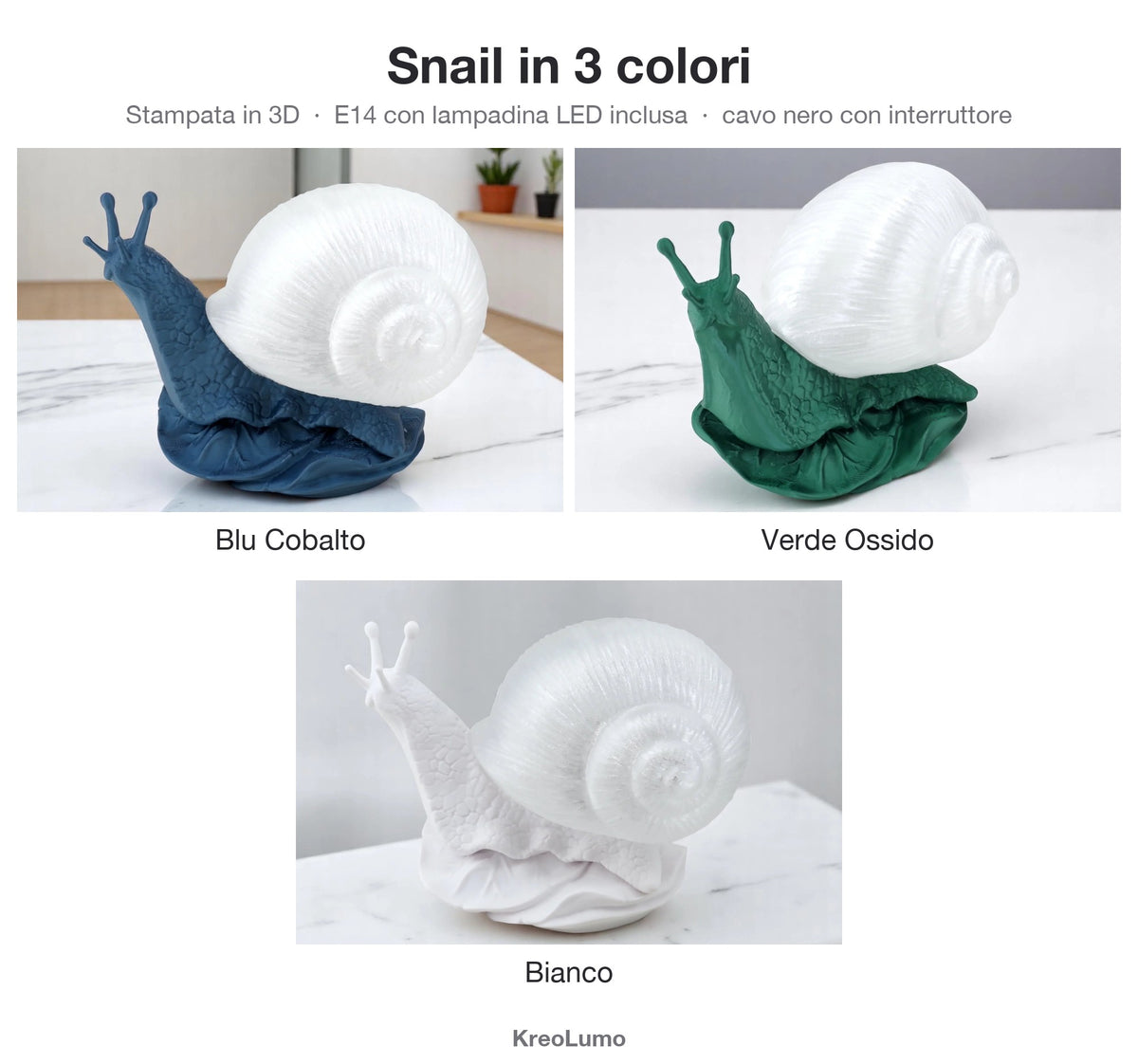 Lampada da tavolo lumaca Snail KreoLumo nei 3 colori: blu cobalto, verde ossido e bianco