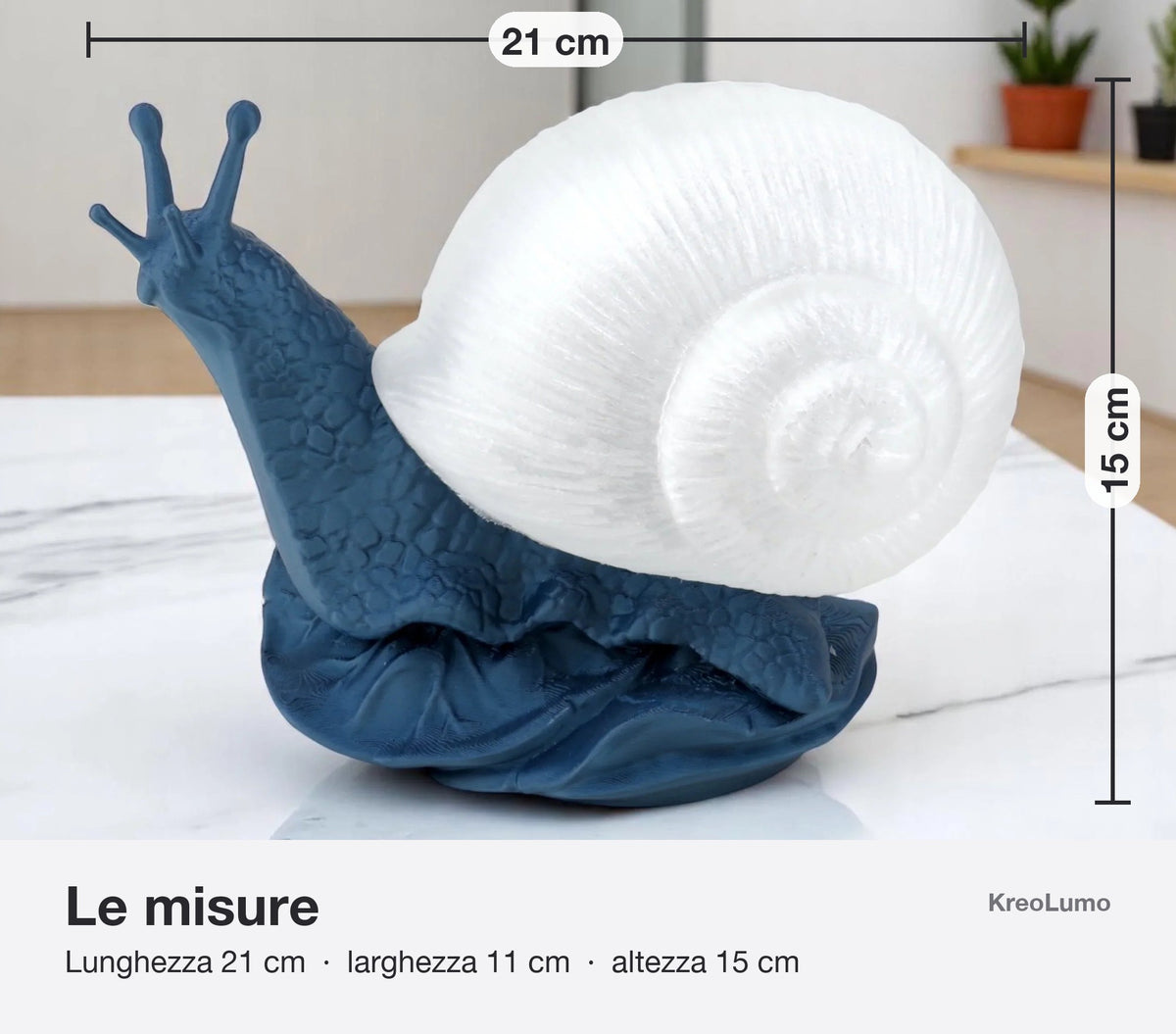 Misure lampada lumaca Snail KreoLumo: lunghezza 21 cm, larghezza 11 cm, altezza 15 cm
