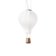 Testo ALT: Lampada a sospensione a forma di mongolfiera Dream Big SP1 D30 Ideal Lux con diffusore in vetro soffiato bianco acidato e dettagli in corda.
