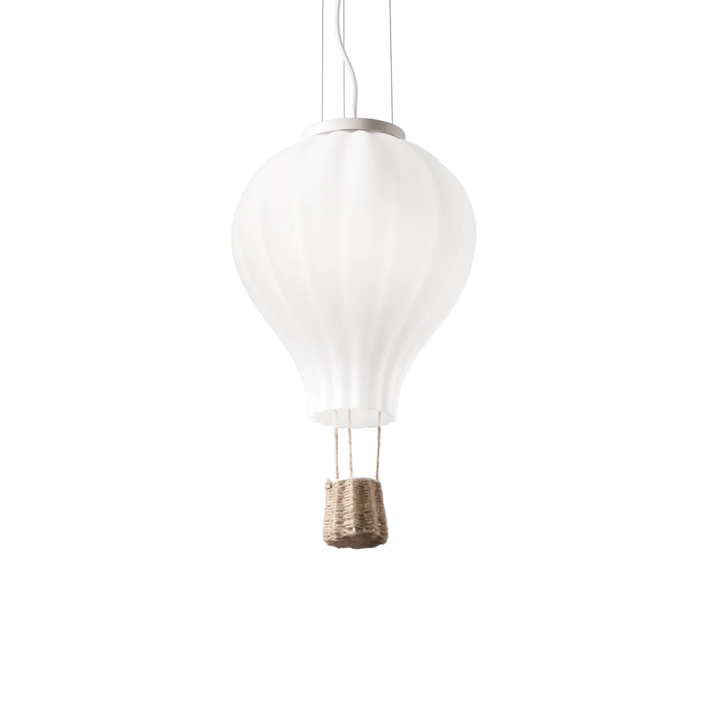 Testo ALT: Lampada a sospensione a forma di mongolfiera Dream Big SP1 D30 Ideal Lux con diffusore in vetro soffiato bianco acidato e dettagli in corda.