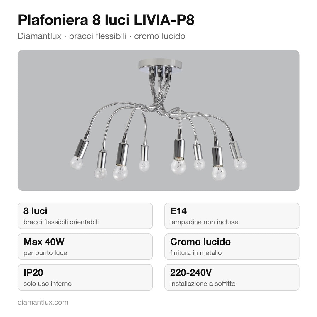 Plafoniera Diamantlux LIVIA-P8 con 8 bracci flessibili cromo lucido: caratteristiche tecniche, E14, IP20