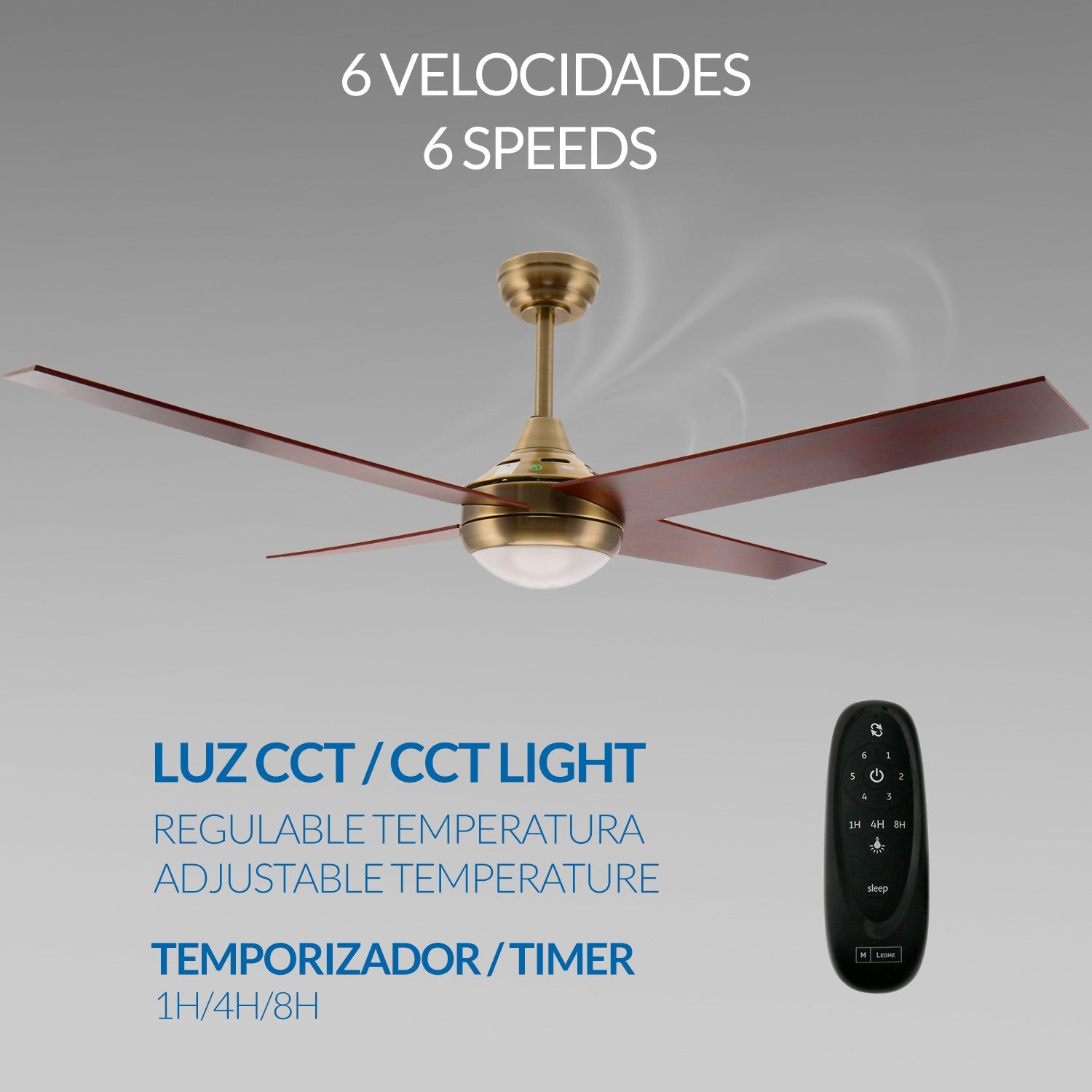 Ventilatore da soffitto con luce LED 18W CCT e telecomando LM8809 – Ottone Antico / Noce M Mimotec