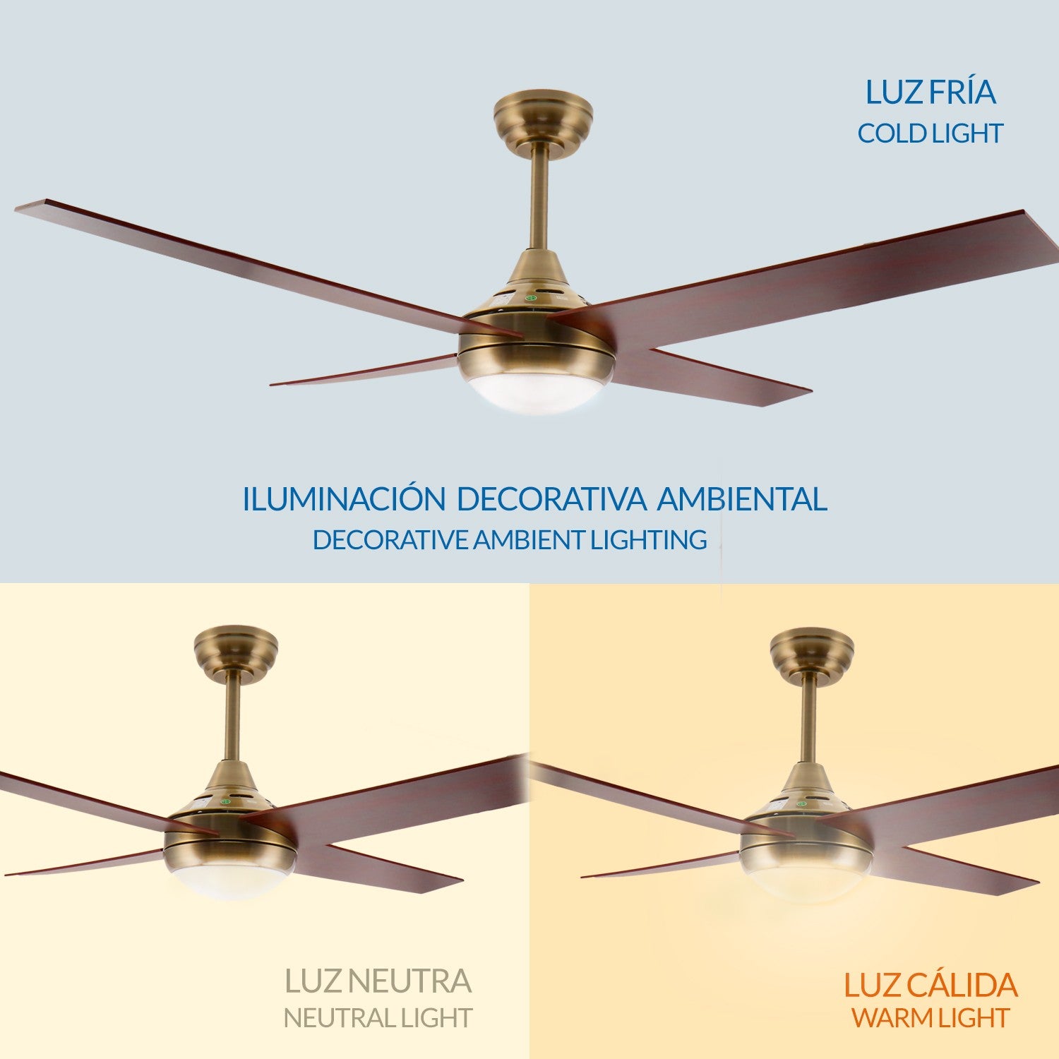Ventilatore da soffitto con luce LED 18W CCT e telecomando LM8809 – Ottone Antico / Noce M Mimotec