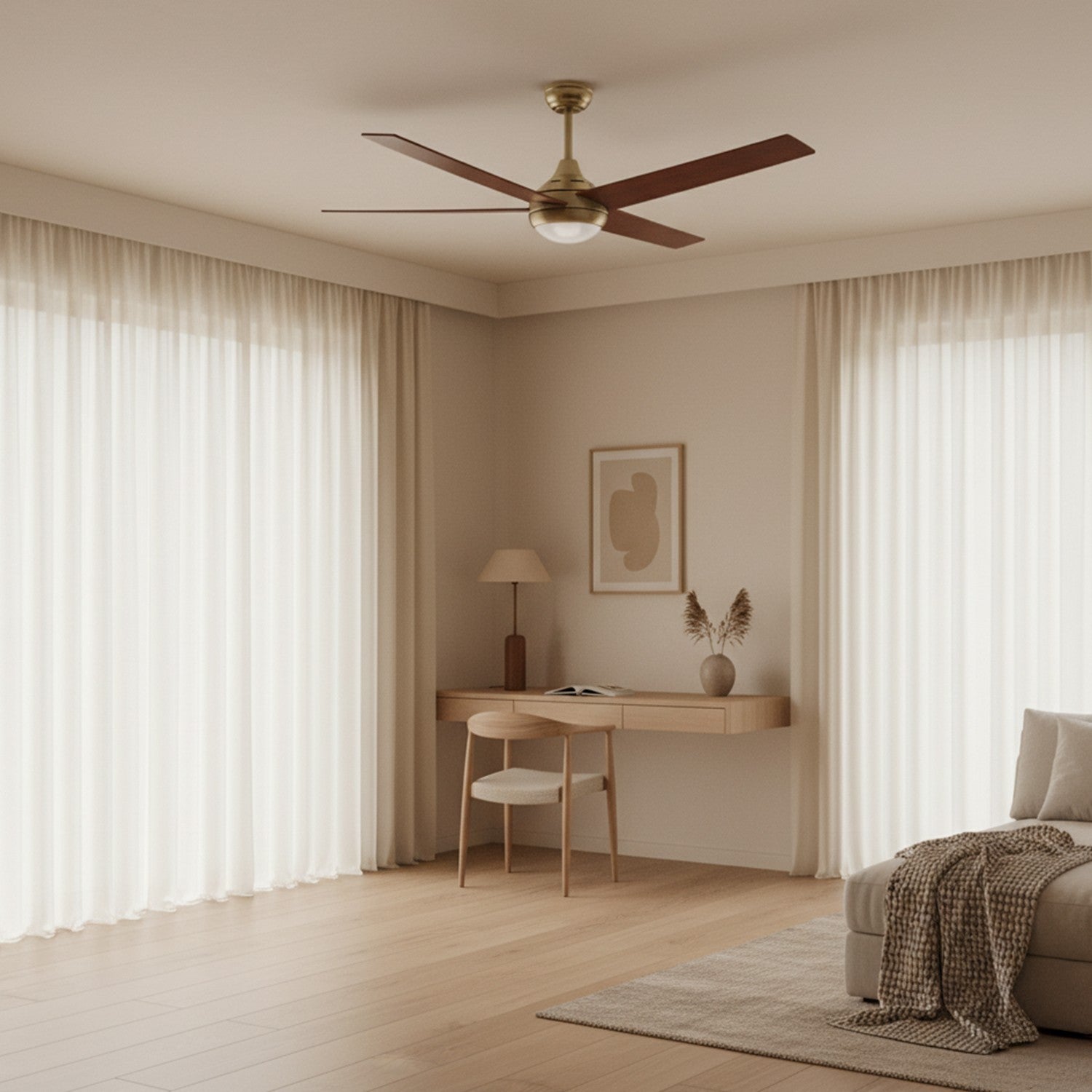 Ventilatore da soffitto con luce LED 18W CCT e telecomando LM8809 – Ottone Antico / Noce M Mimotec