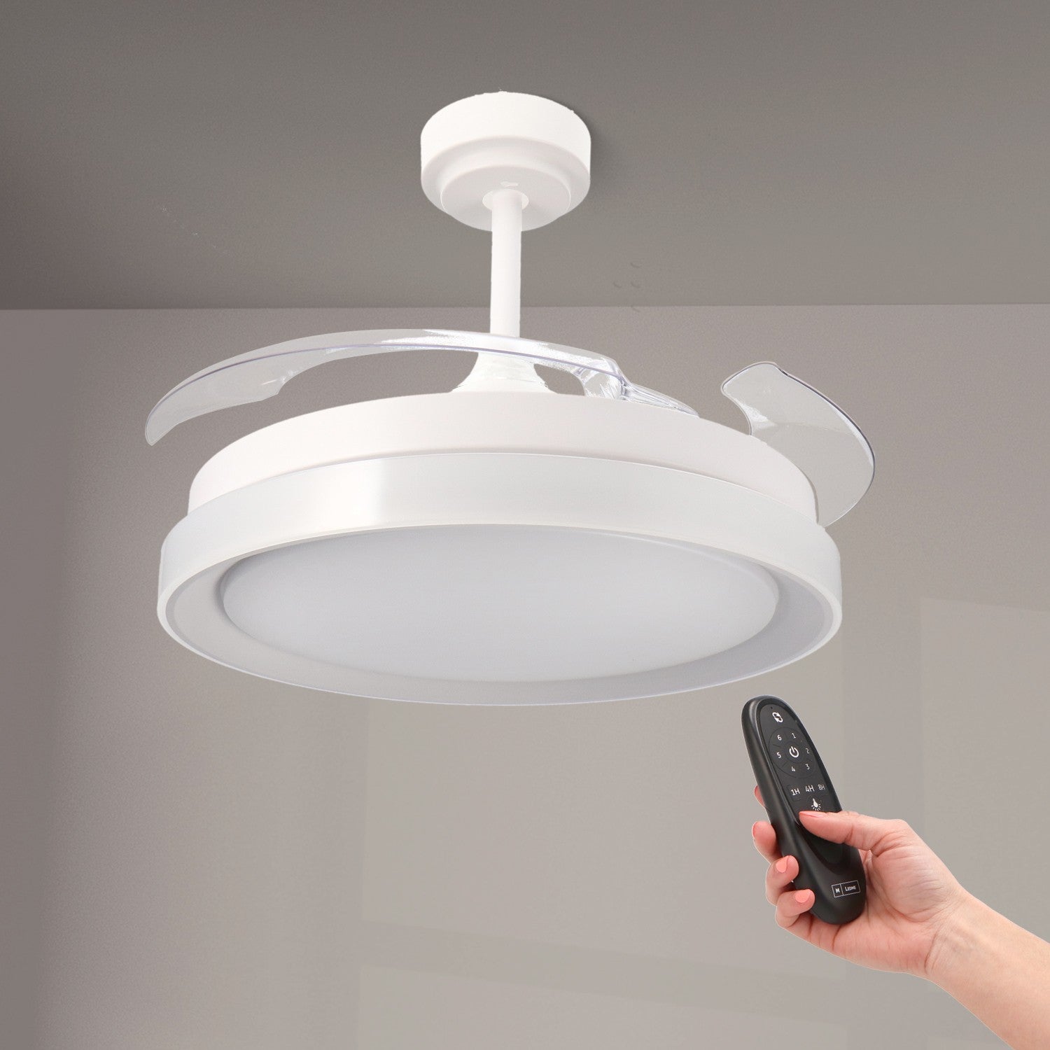 Ventilatore da soffitto con pale a scomparsa, tondo, bianco, alluminio e policarbonato, Diamantlux LM8815 M Mimotec