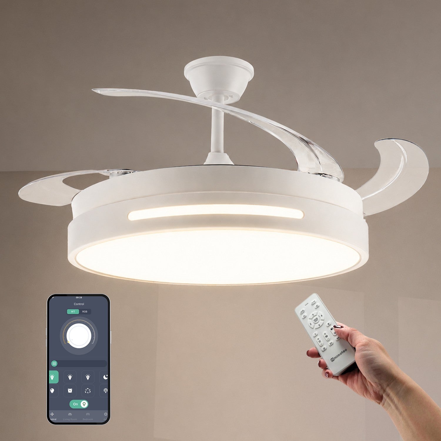 Ventilatore da Soffitto con Luce LED Smart LM8864 Bianco – Pale Retrattili, Motore DC Silenzioso, App e Telecomando Diamant Lux