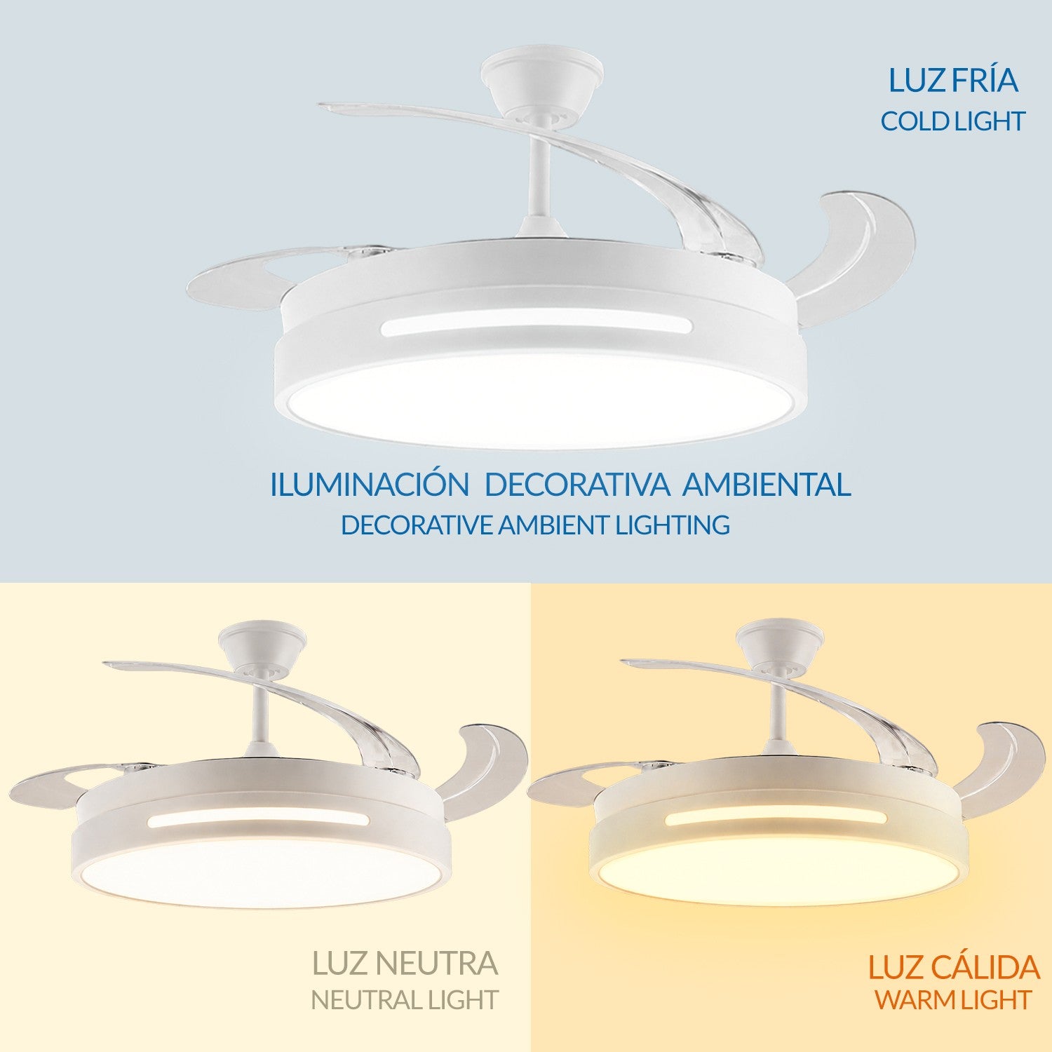 Ventilatore da Soffitto con Luce LED Smart LM8864 Bianco – Pale Retrattili, Motore DC Silenzioso, App e Telecomando M LEDME
