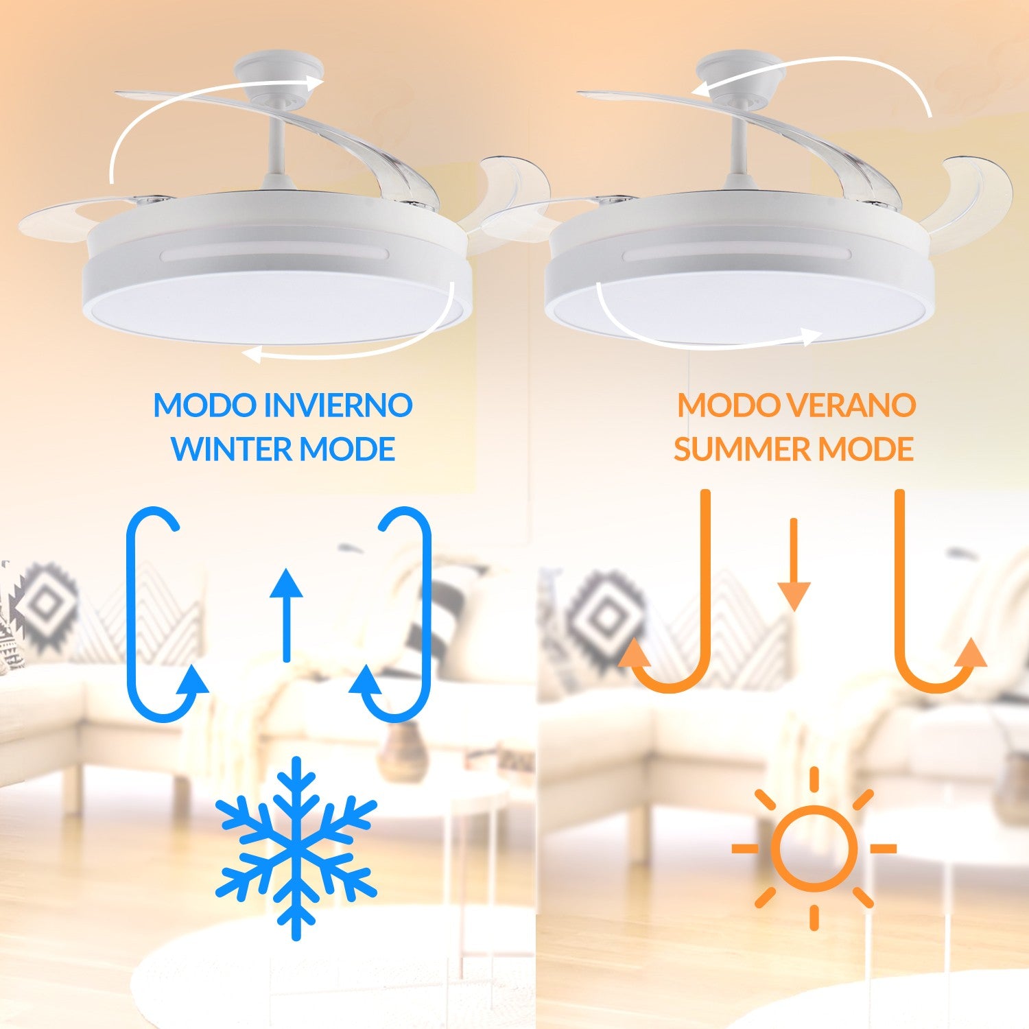 Ventilatore da Soffitto con Luce LED Smart LM8864 Bianco – Pale Retrattili, Motore DC Silenzioso, App e Telecomando M LEDME