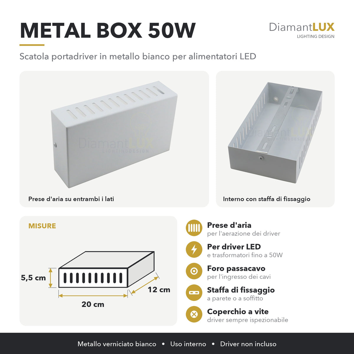 Infografica Metal Box 50W Diamantlux: misure 20 x 12 x 5,5 cm, prese d'aria per l'aerazione dei driver, foro passacavo, staffa di fissaggio, coperchio a vite