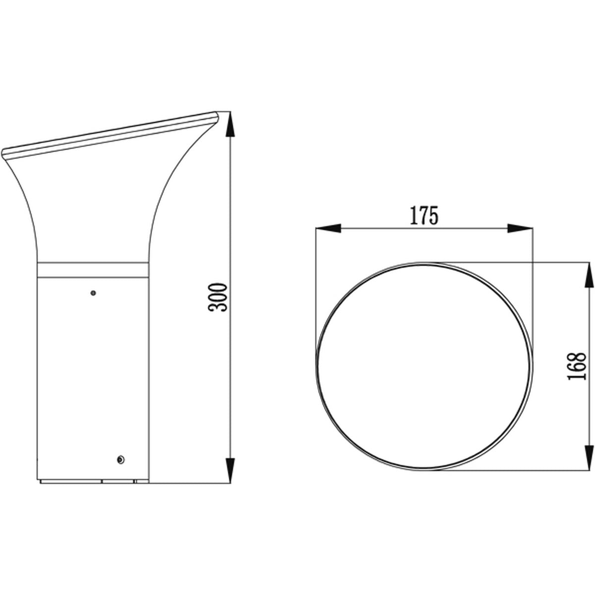 Disegno tecnico paletto Spacelux Metter 30 cm GL11405: altezza 300 mm, diffusore 175 x 168 mm