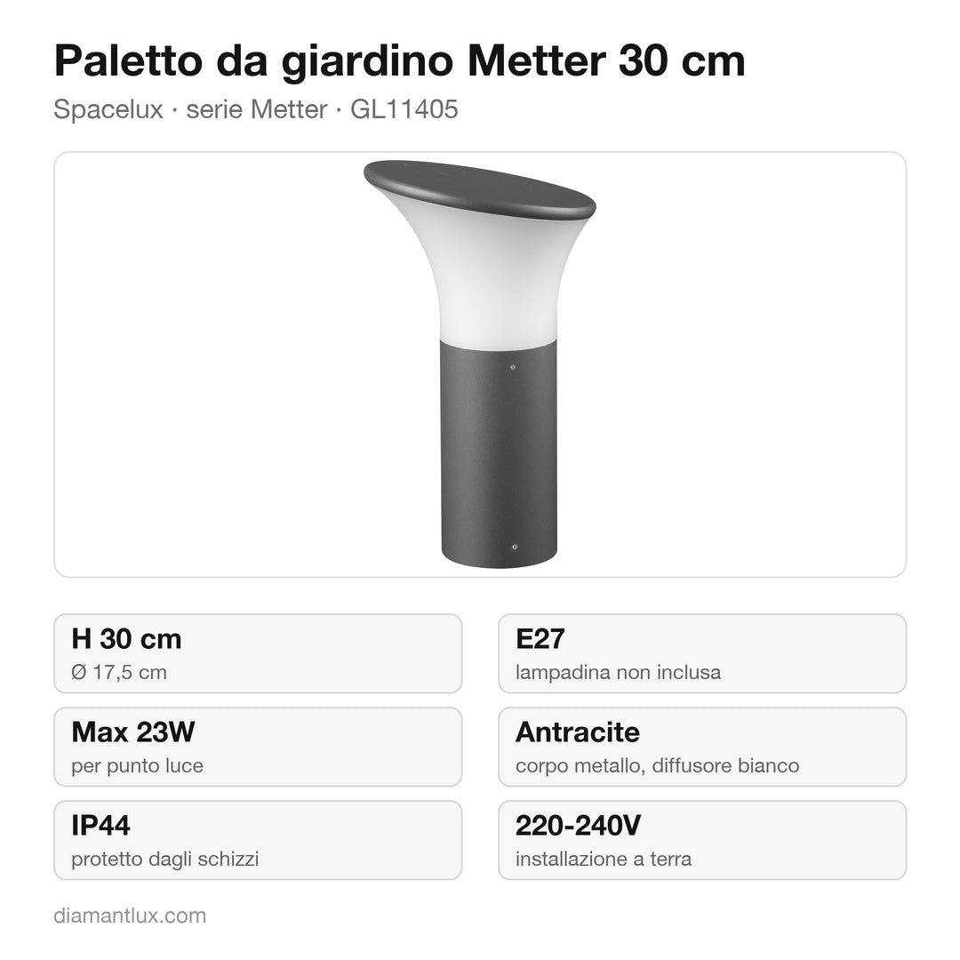 Paletto Spacelux Metter 30 cm GL11405: caratteristiche tecniche, E27 max 23W, IP44