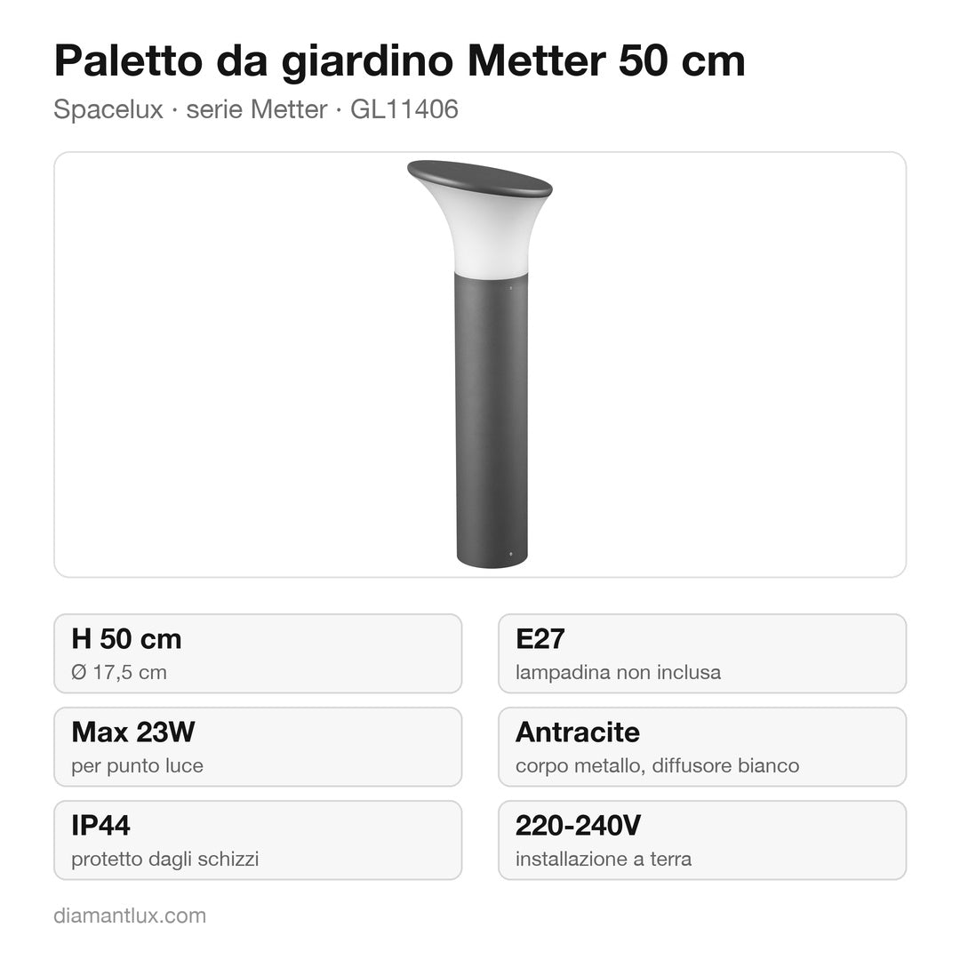 Paletto Spacelux Metter 50 cm GL11406: caratteristiche tecniche, E27 max 23W, IP44