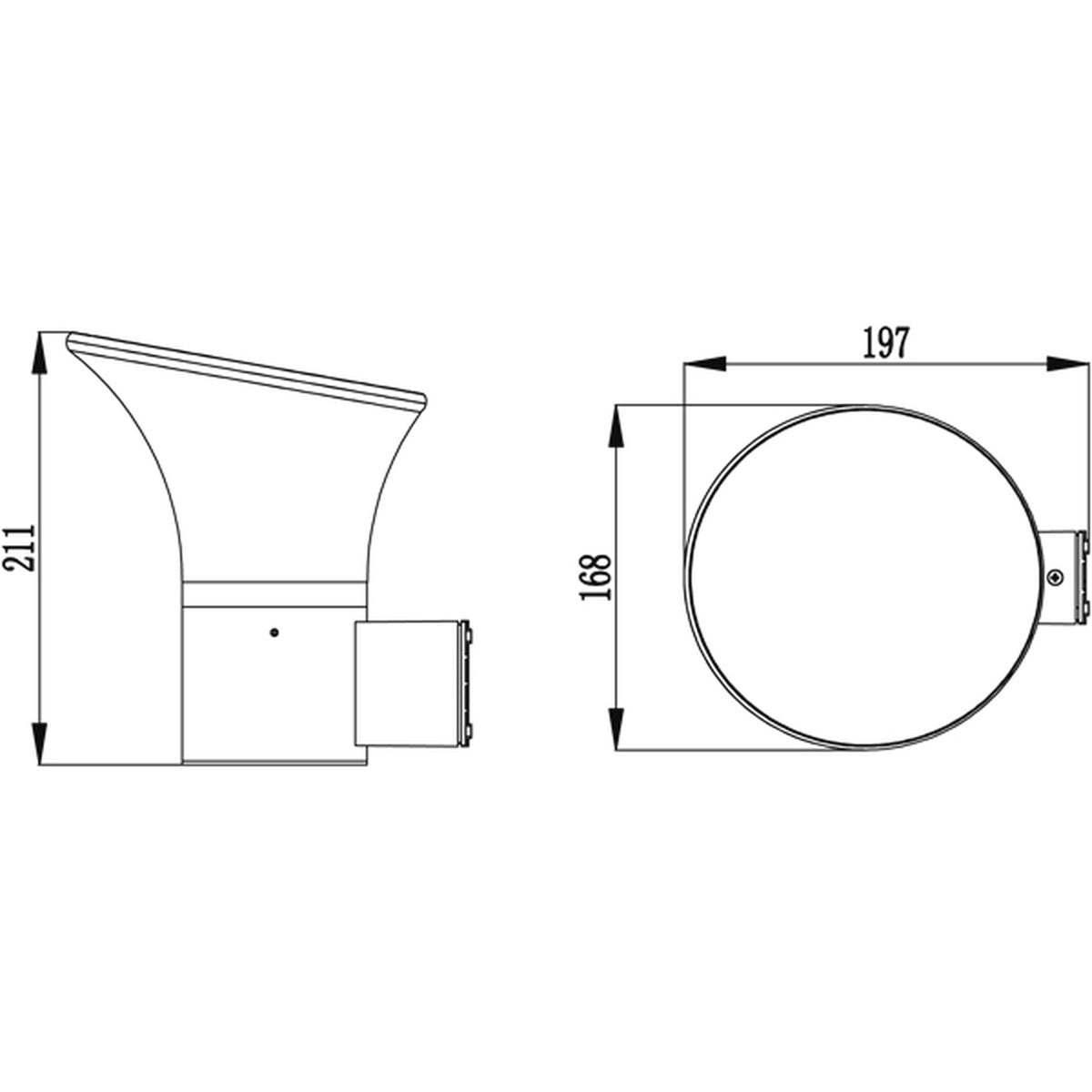 Disegno tecnico applique Spacelux Metter GL11408: altezza 211 mm, sporgenza 197 mm, larghezza 168 mm