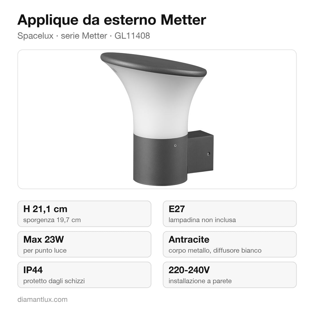 Applique da esterno Spacelux Metter GL11408: caratteristiche tecniche, E27 max 23W, IP44