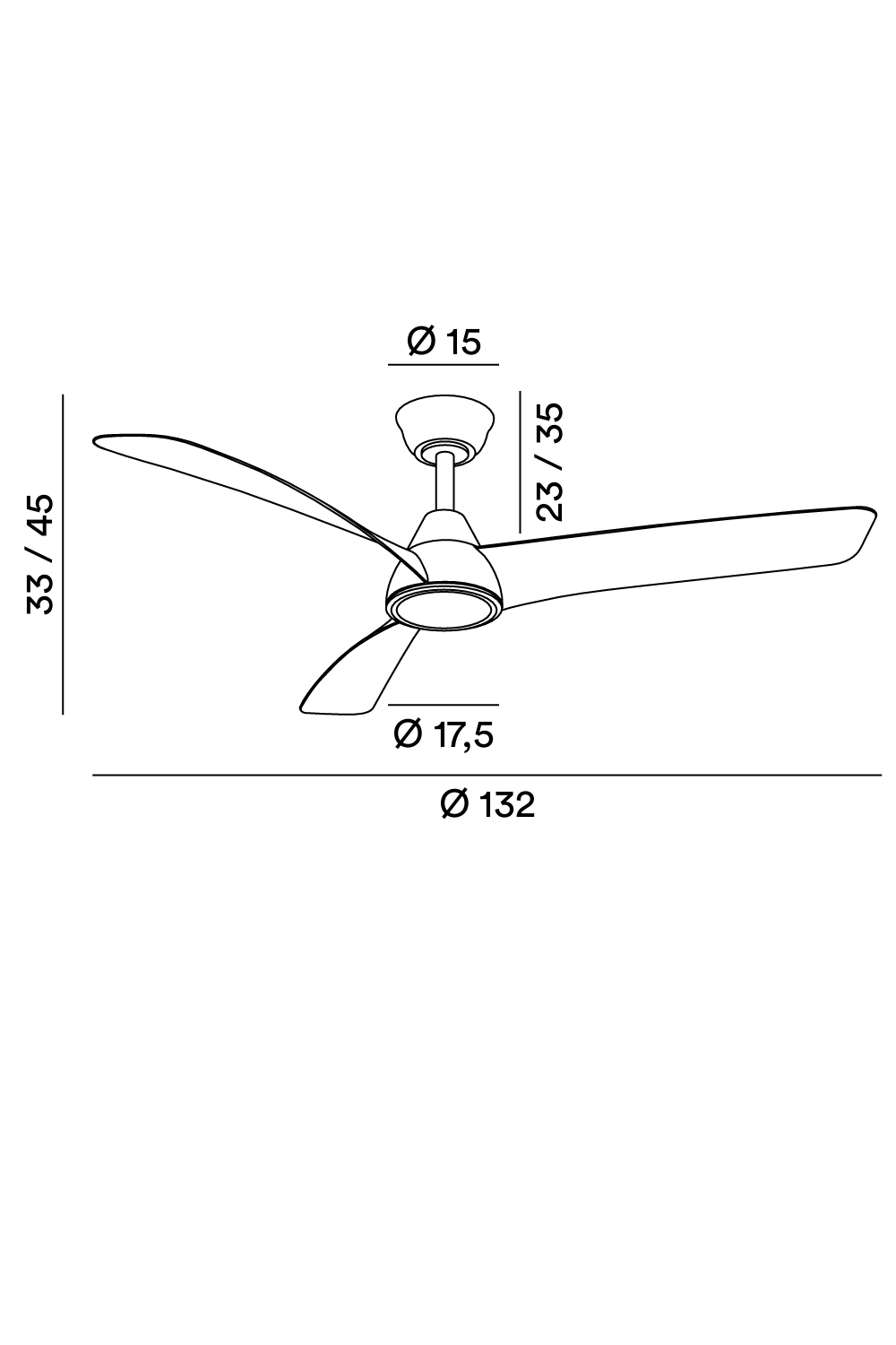 Schema tecnico con quote e dimensioni del ventilatore da soffitto Perenz Nora 7204 GR CT, diametro 132 cm e altezza regolabile 33-45 cm.