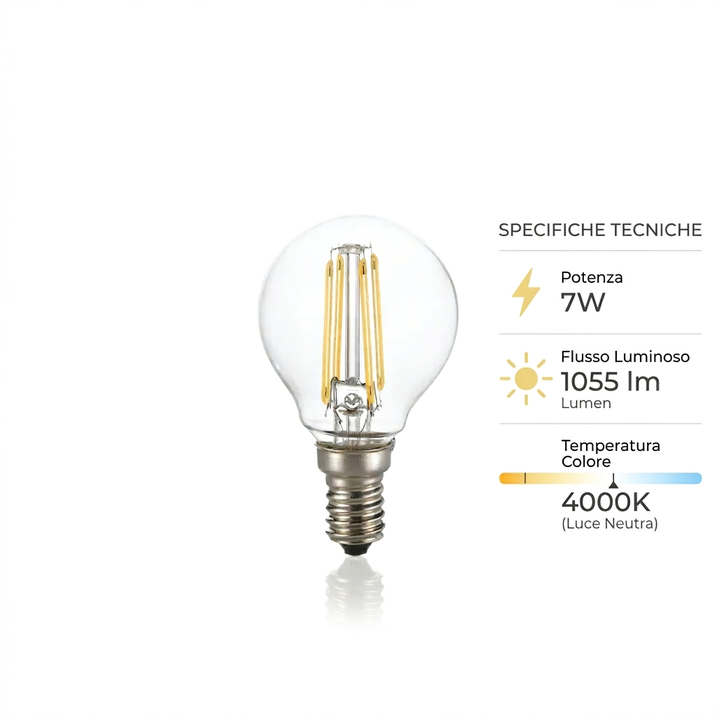 Lampadina LED E14 Sfera Vetro Trasparente Filamento 7W 1055lm 4000K Luce Naturale (75W) Diamant Lux