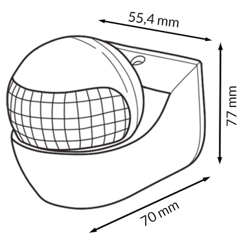 Schema tecnico con quote e dimensioni millimetriche del sensore di presenza da superficie LEDME modelli LM9117 e LM9116: altezza 77 mm, larghezza 55,4 mm, profondità 70 mm.