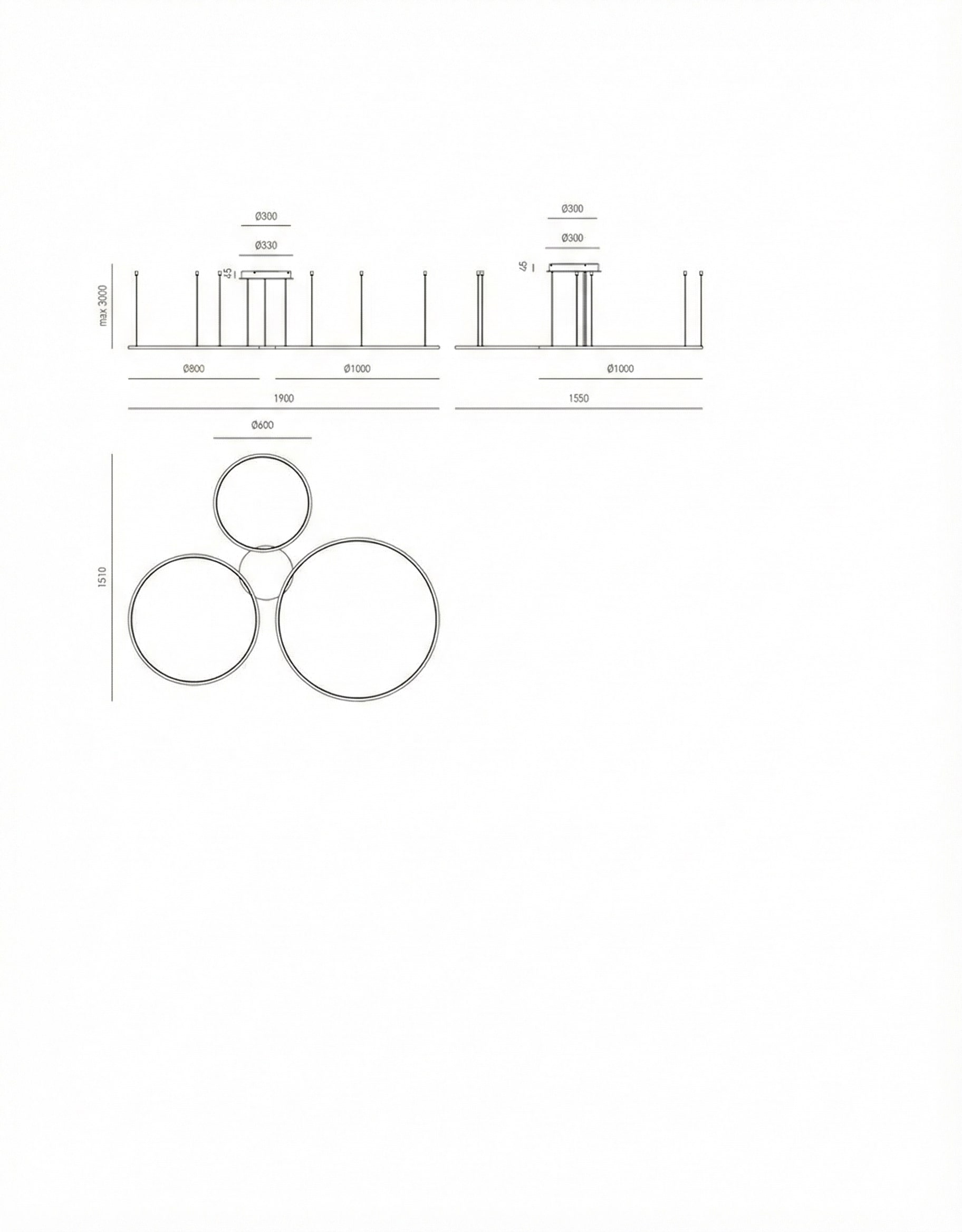 Lampadario 3 Cerchi LED Bianco Ø60-80-100 Orizzontale - Favolux Halo SP3D