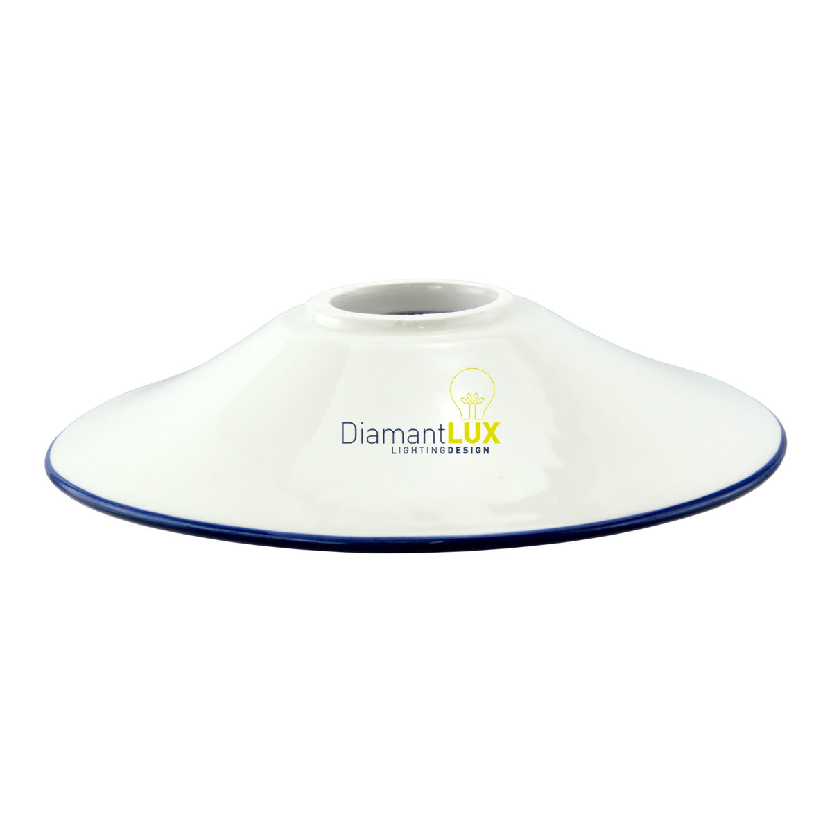 Paralume piatto in ceramica liscia bianca con bordo blu, foro E27 – Diamantlux CB002
