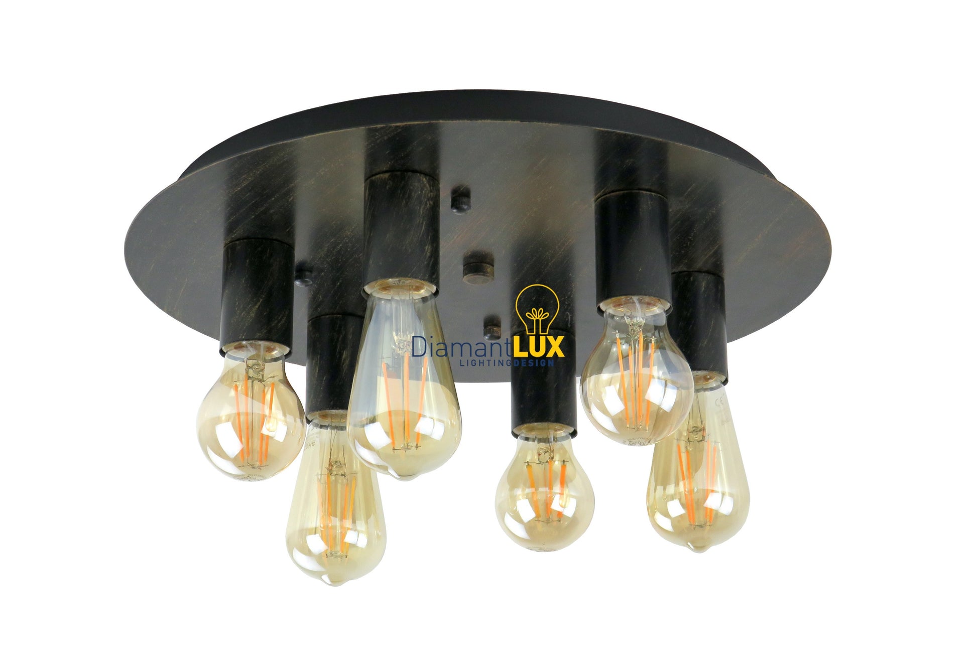 Plafoniera vintage industrial nera oro tonda 6 luci E27 CLOE P6 – Metallo – Diamantlux