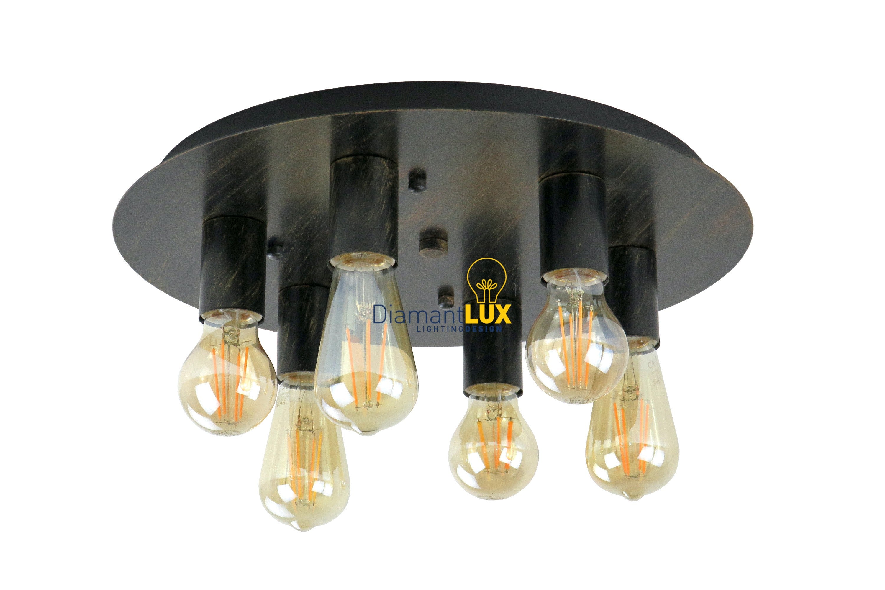Plafoniera vintage industrial nera oro tonda 6 luci E27 CLOE P6 – Metallo – Diamantlux