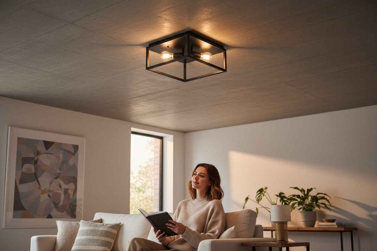 Plafoniera Quadrata Industriale Vintage 2 Luci E27 Nera Diamantlux ALESSIA PL2