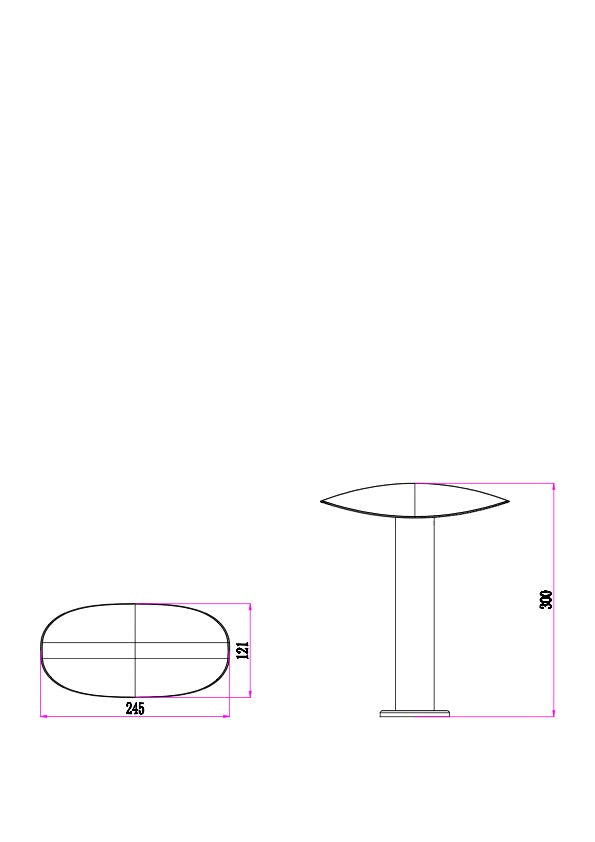 Disegno tecnico lampioncino Kinder 30 cm: altezza 300 mm, calotta 245 x 121 mm