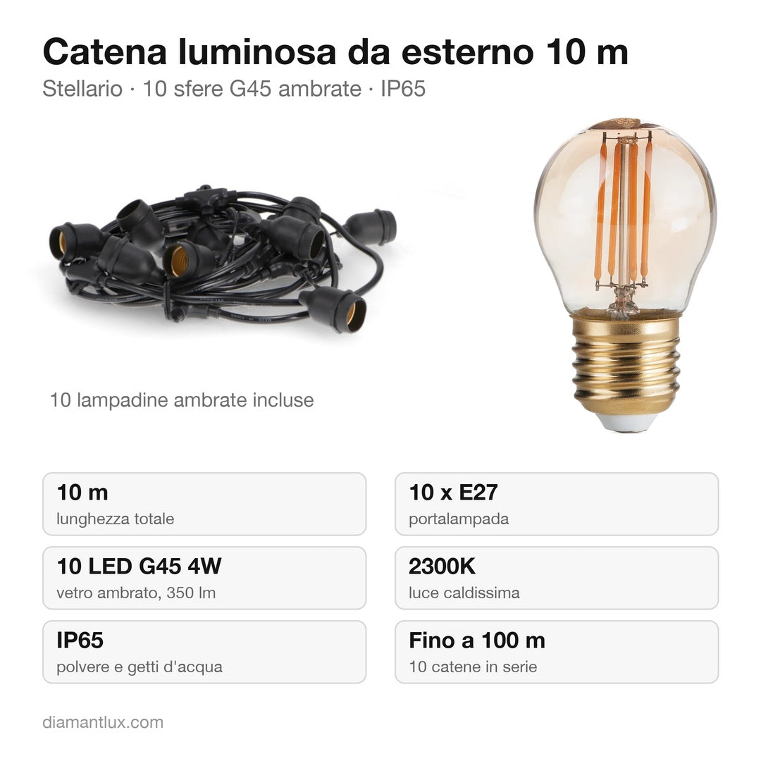 Catena luminosa da esterno Stellario 10 m con 10 lampadine G45 ambrate 4W 2300K: caratteristiche tecniche, IP65, prolungabile fino a 100 m