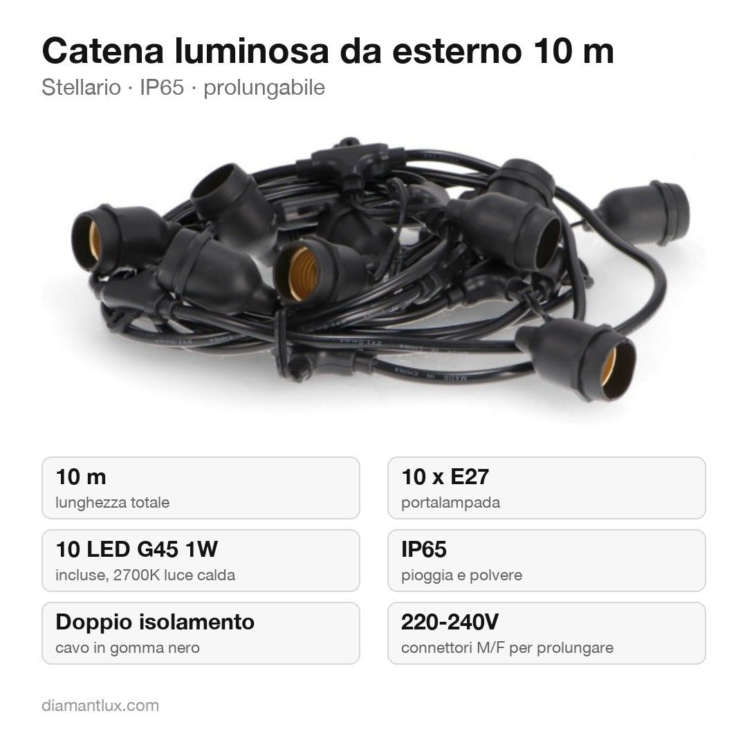 Catena luminosa da esterno Stellario 10 m: caratteristiche tecniche, IP65, 10 portalampada E27, 10 lampadine LED G45 1W incluse