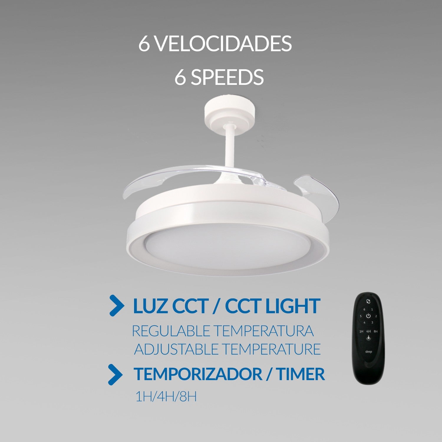 Ventilatore da soffitto con pale a scomparsa, tondo, bianco, alluminio e policarbonato, Diamantlux LM8815 M Mimotec