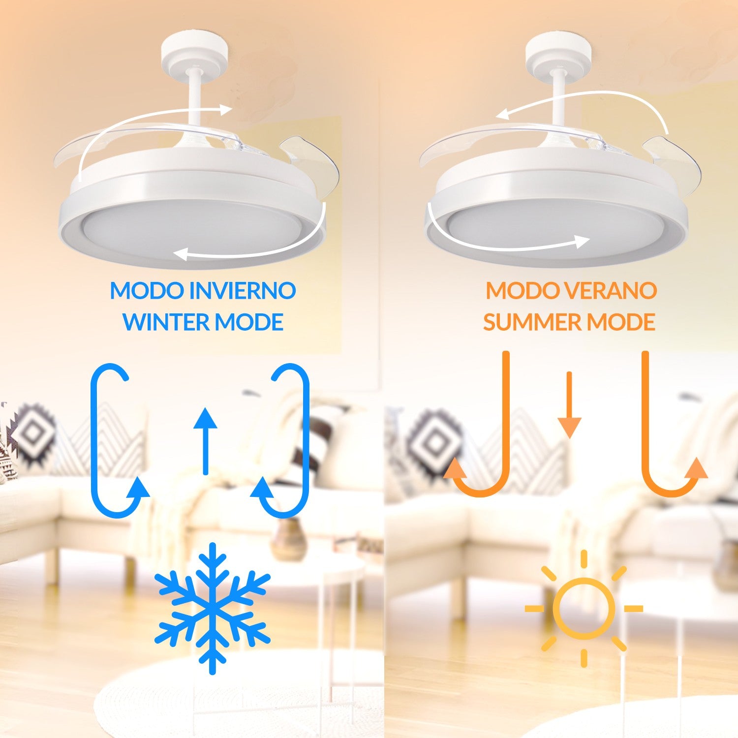 Ventilatore da soffitto con pale a scomparsa, tondo, bianco, alluminio e policarbonato, Diamantlux LM8815 M Mimotec