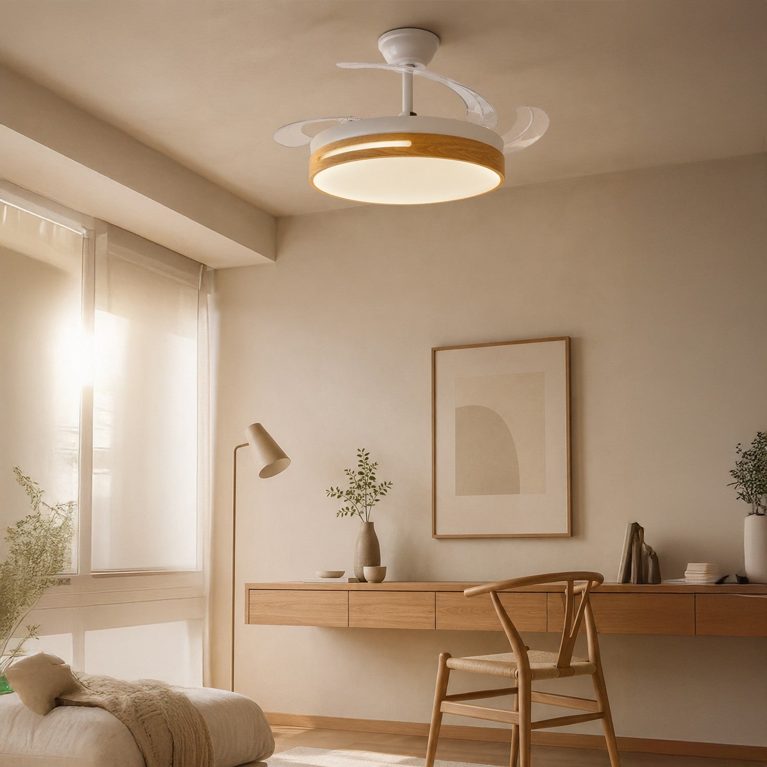 Ventilatore da soffitto, tondo, legno e bianco, policarbonato e alluminio, Diamantlux LM8865 Diamant Lux