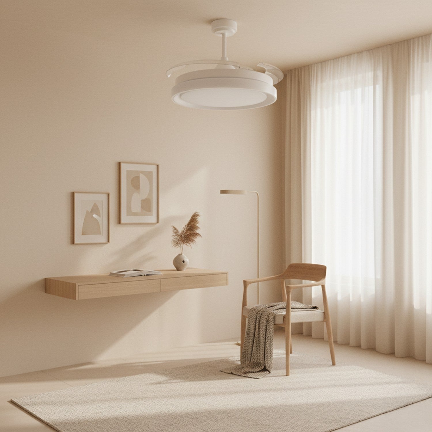 Ventilatore da soffitto con pale a scomparsa, tondo, bianco, alluminio e policarbonato, Diamantlux LM8815 M Mimotec