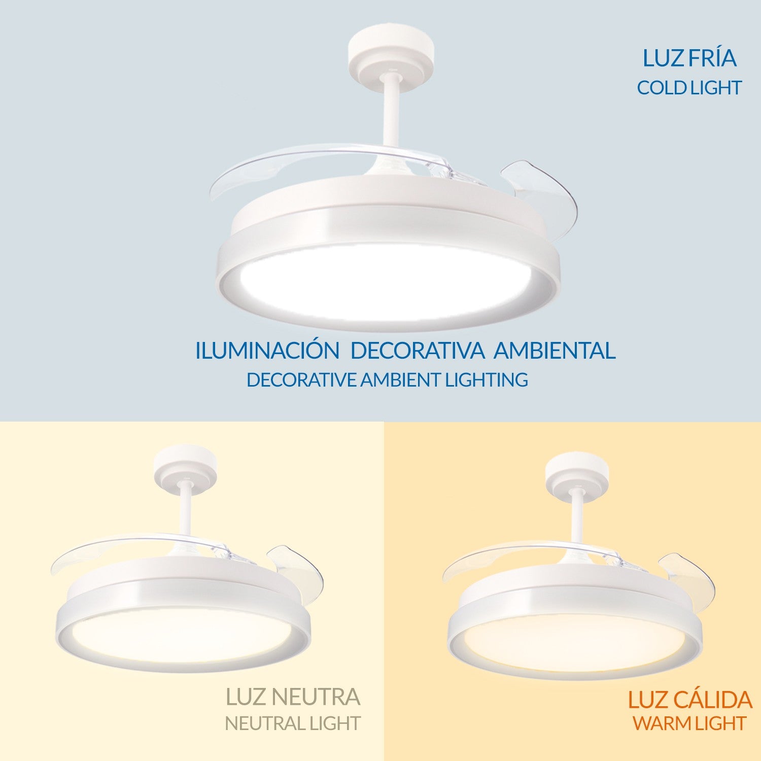 Ventilatore da soffitto con pale a scomparsa, tondo, bianco, alluminio e policarbonato, Diamantlux LM8815 M Mimotec