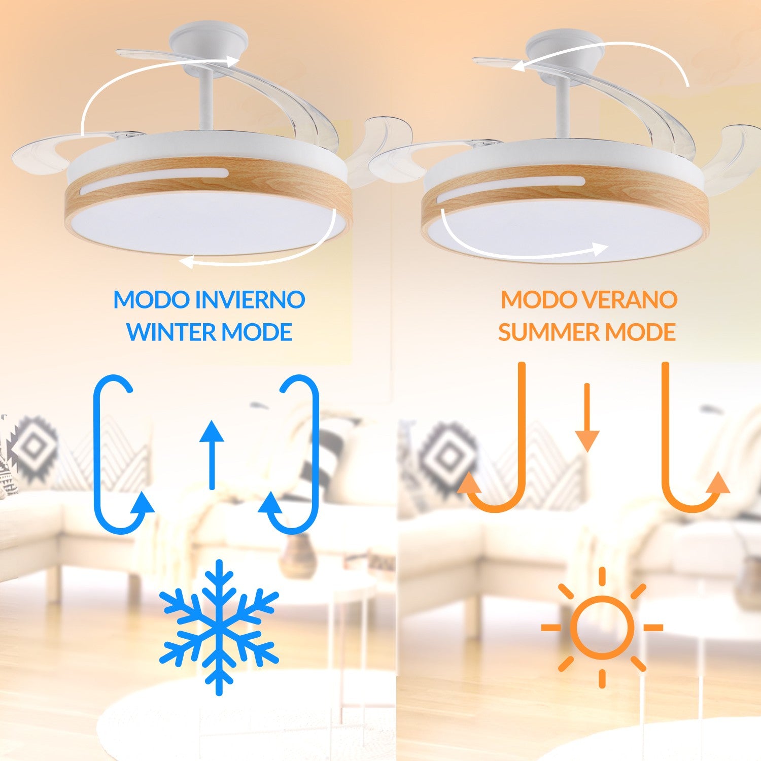 Ventilatore da soffitto, tondo, legno e bianco, policarbonato e alluminio, Diamantlux LM8865 Diamant Lux