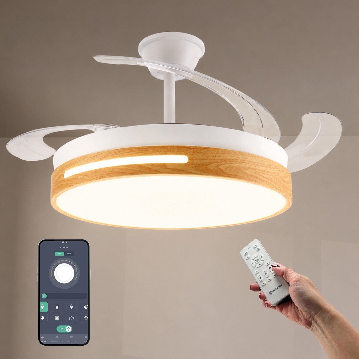 Ventilatore da soffitto, tondo, legno e bianco, policarbonato e alluminio, Diamantlux LM8865 Diamant Lux